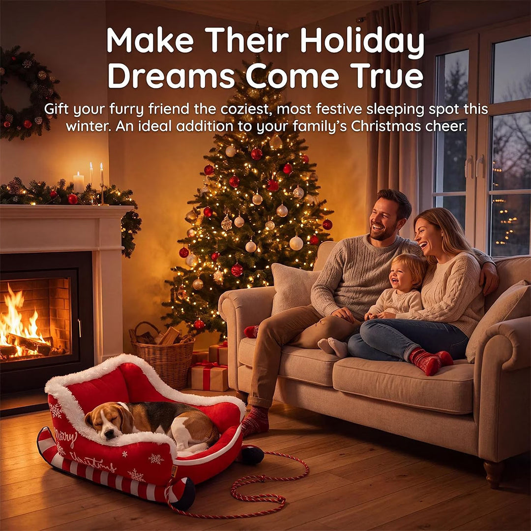 Santa Sleigh Pet Bed with Plush Fur Trim