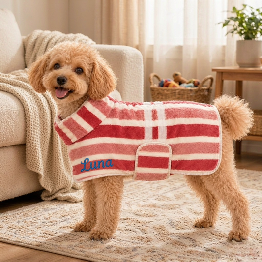 Personalized Striped Terry Pet Bathrobe with Adjustable Wrap