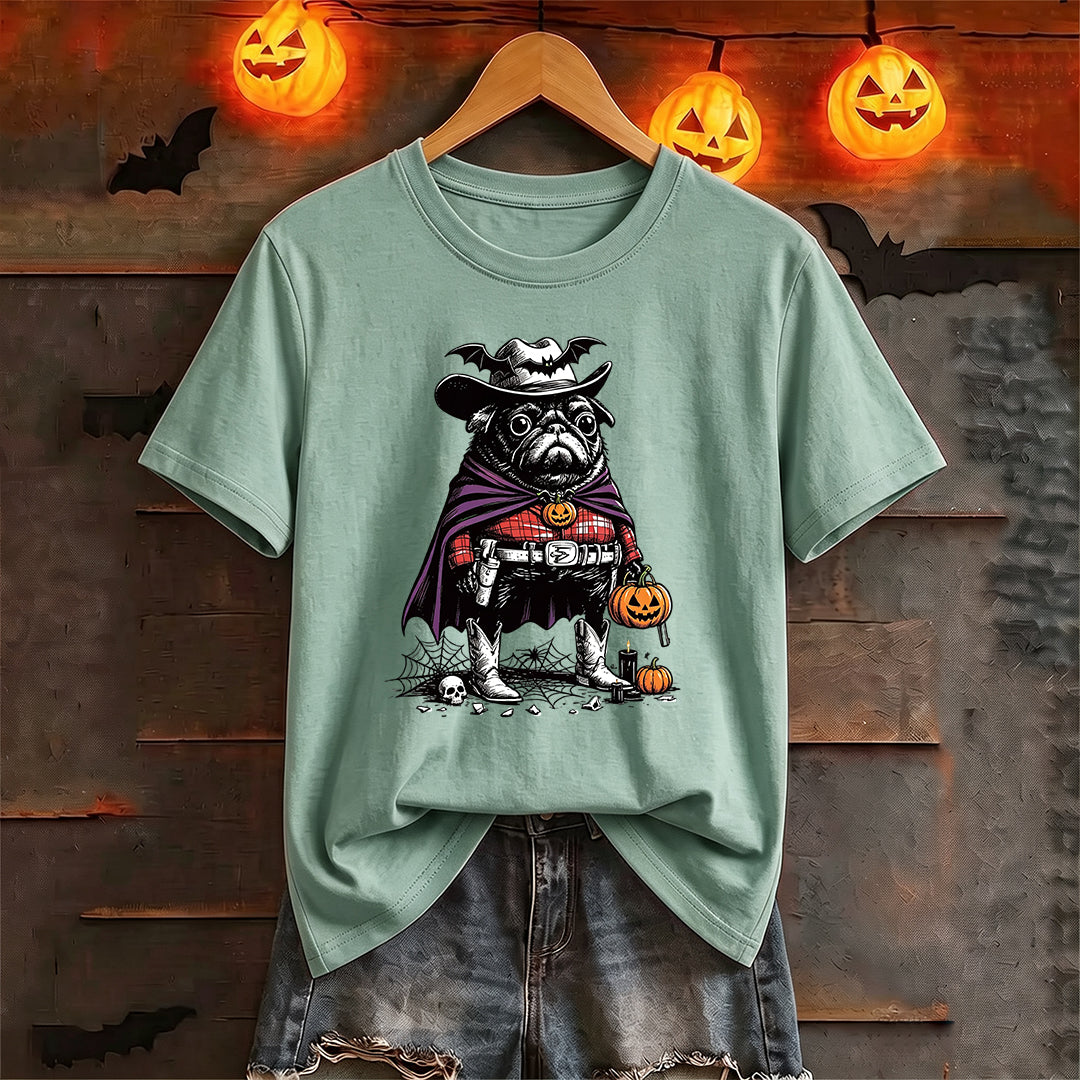 Puptailor Personalized Halloween Cowboy Pug Graphic T‑Shirt