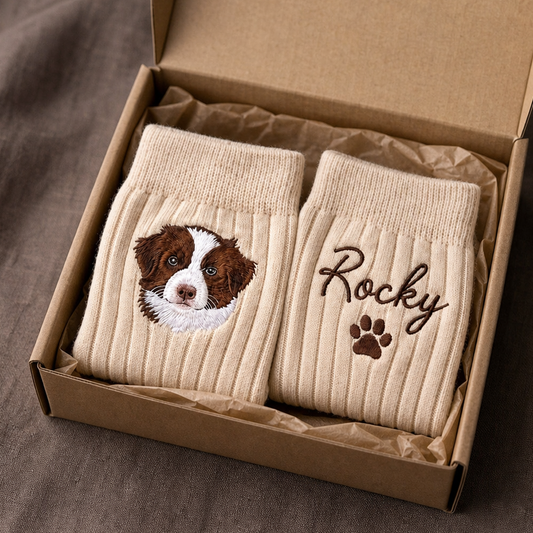 Custom Pet Portrait & Name Embroidered Crew Socks