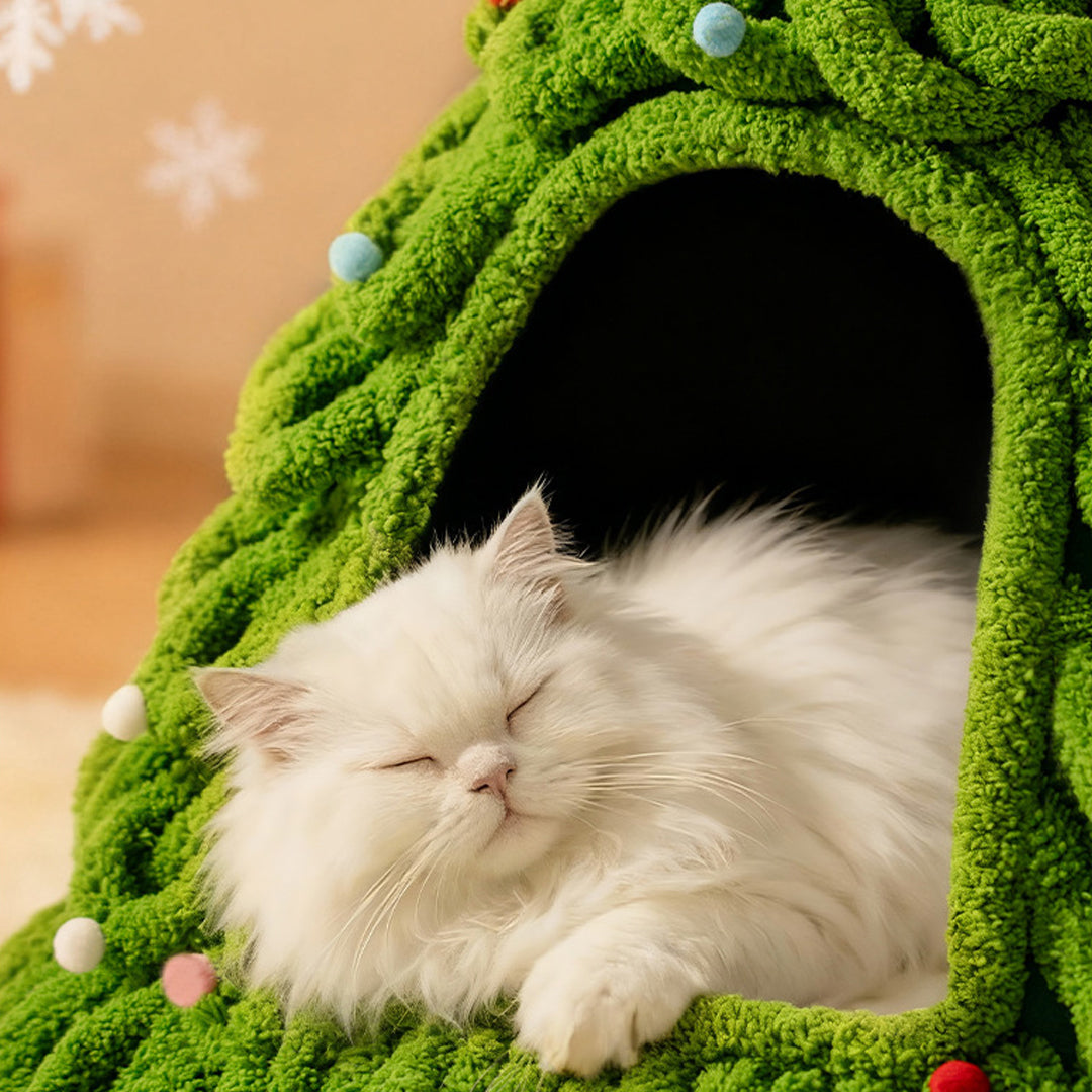 Christmas Tree Cat Cave Bed with Removable Cushion