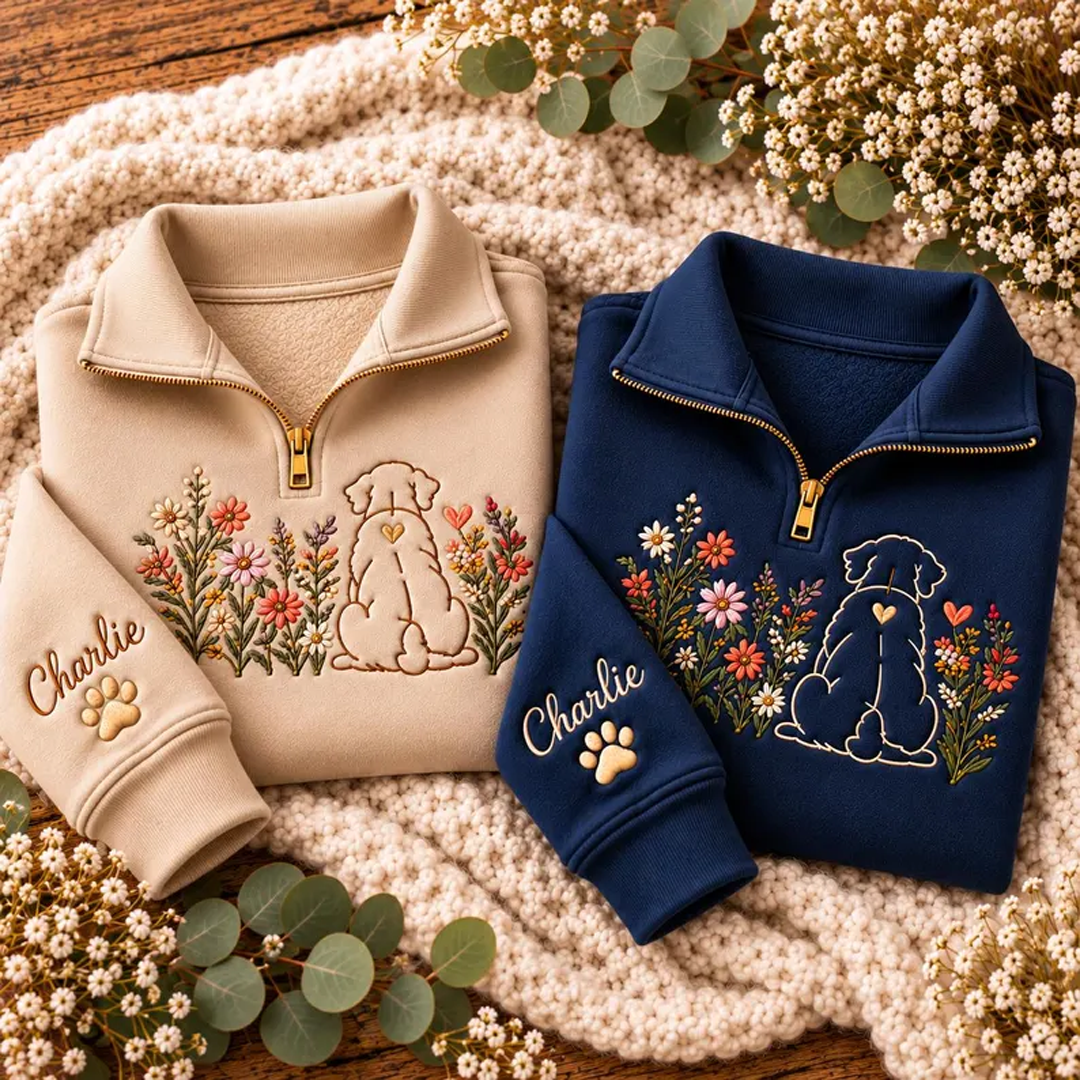 Custom Floral Line Art Pet Portrait Quarter Zip Sweatshirt