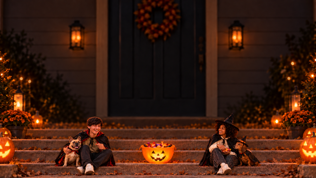 Friends and costumed pets sharing candy on porch steps at night