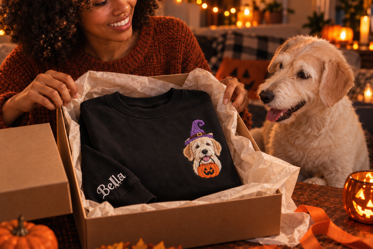 A friend opening a gift box with a pet portrait Halloween sweatshirt