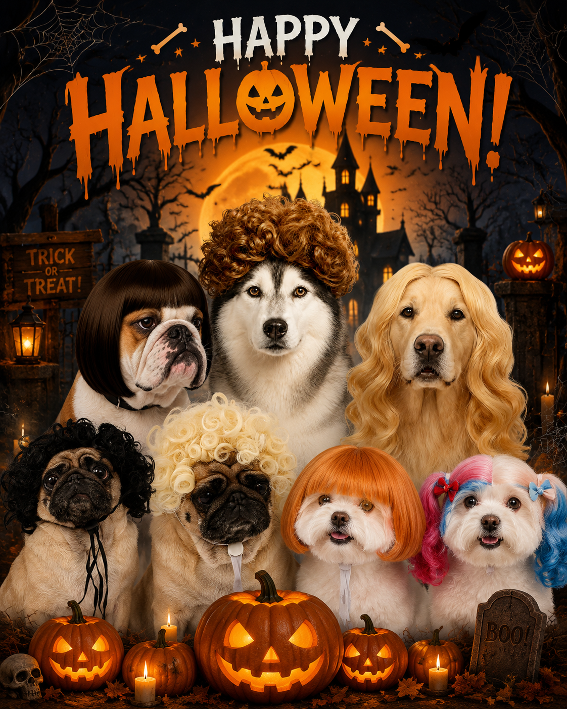 Happy Halloween: dogs wearing different pet wig styles with pumpkins and a castle backdrop