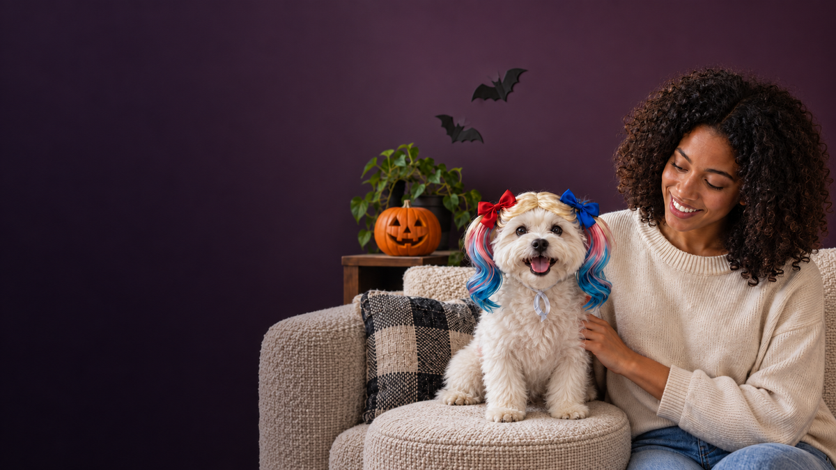 A woman smiling with her white dog wearing a colorful Halloween wig at home