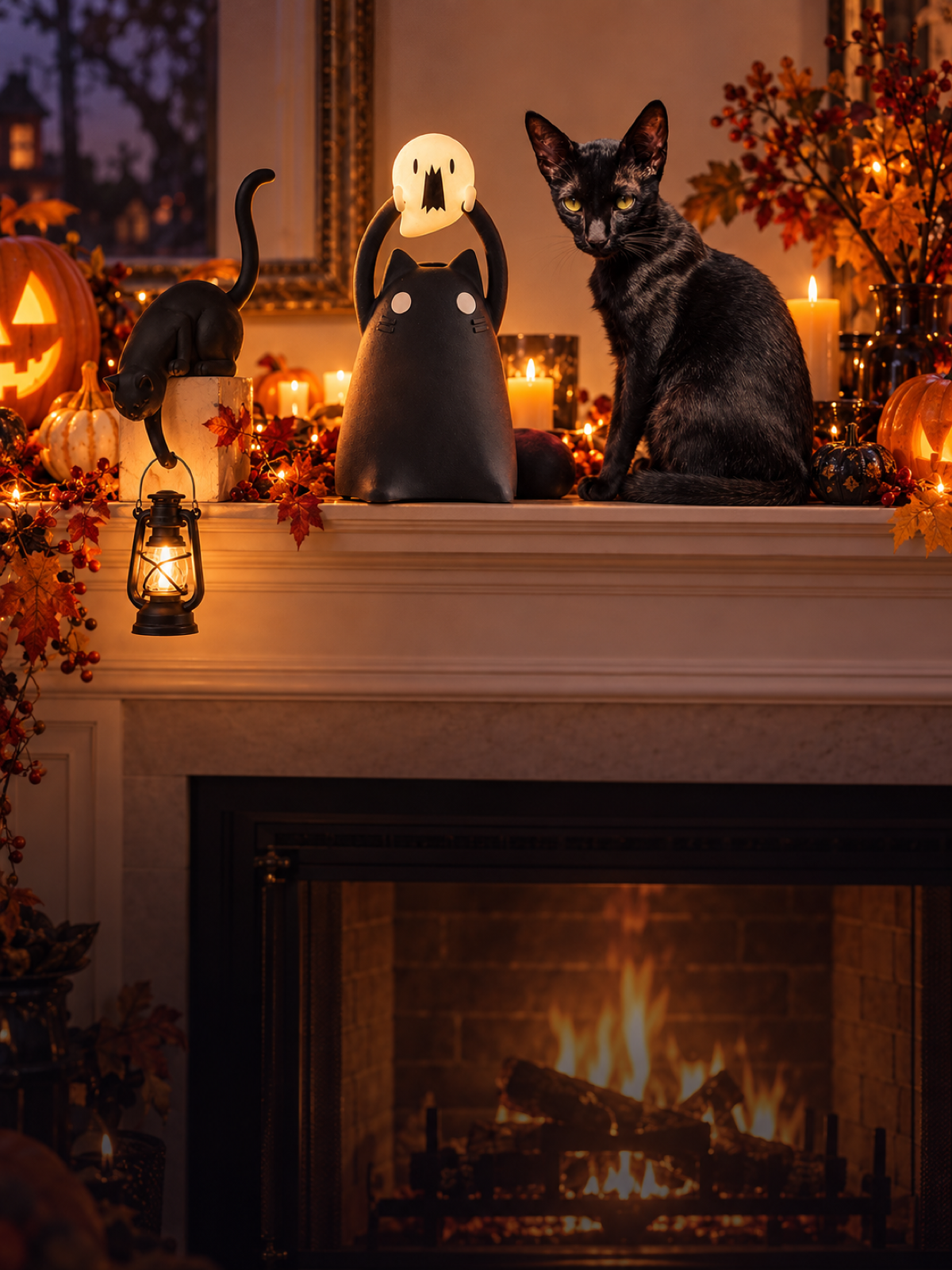 Halloween mantel with the black cat ghost lamp and cat lantern, a black cat beside