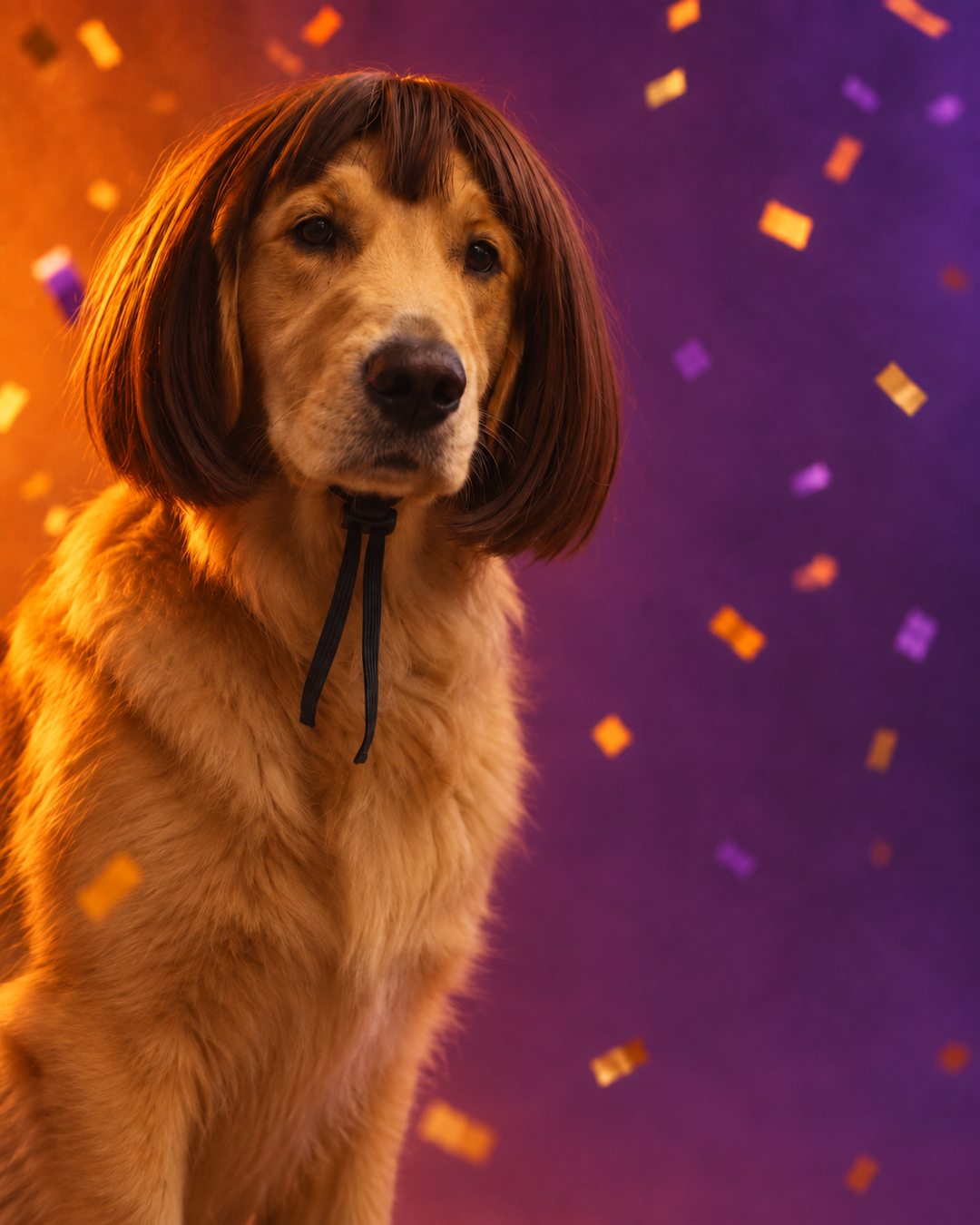 A golden retriever in a funny wig