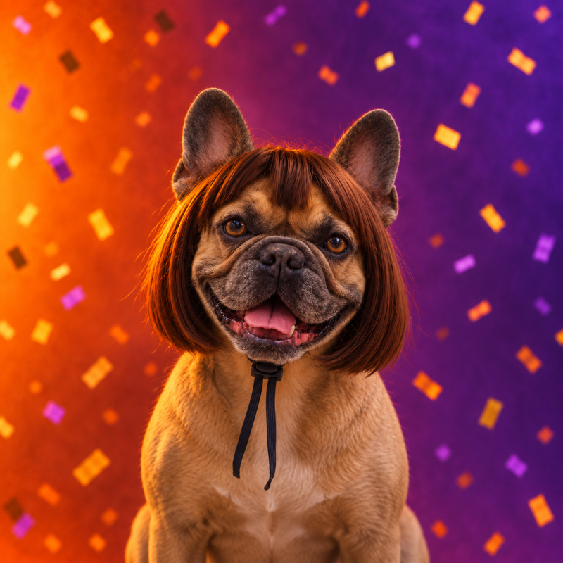 A French bulldog in a funny wig