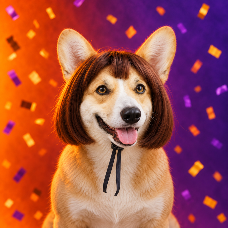 A corgi in a funny wig