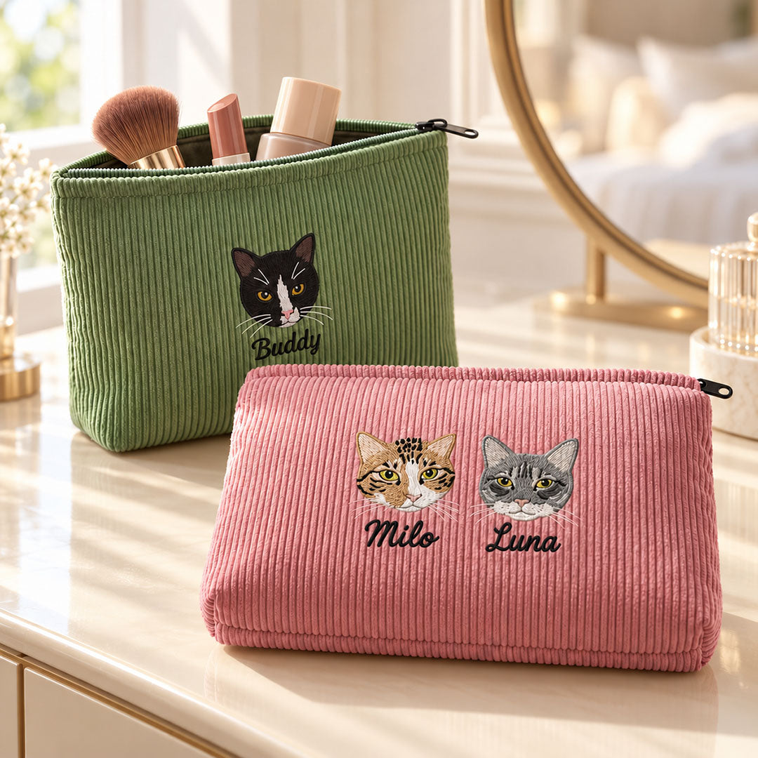 Personalized Pet Portrait Corduroy Makeup Bag with Embroidered Name
