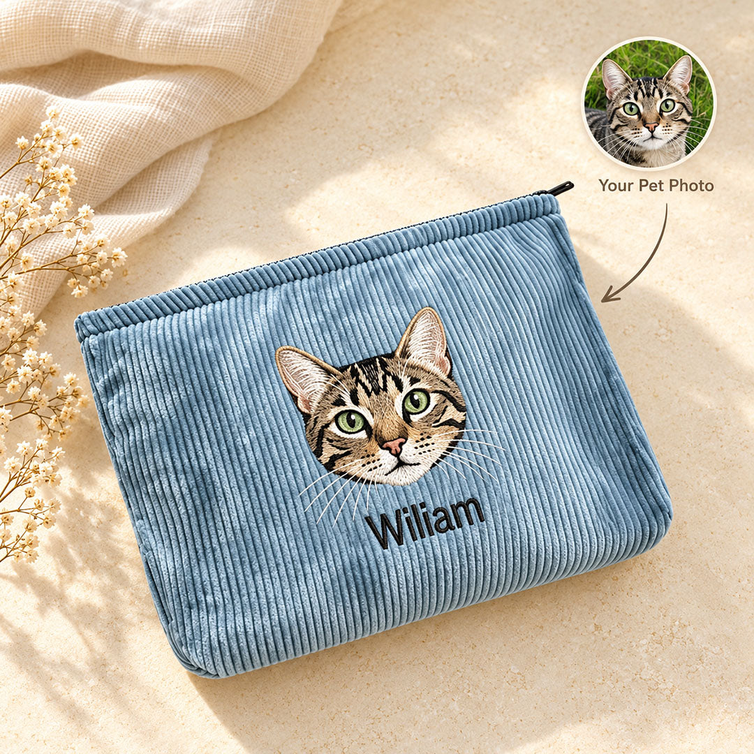 Personalized Pet Portrait Corduroy Makeup Bag with Embroidered Name