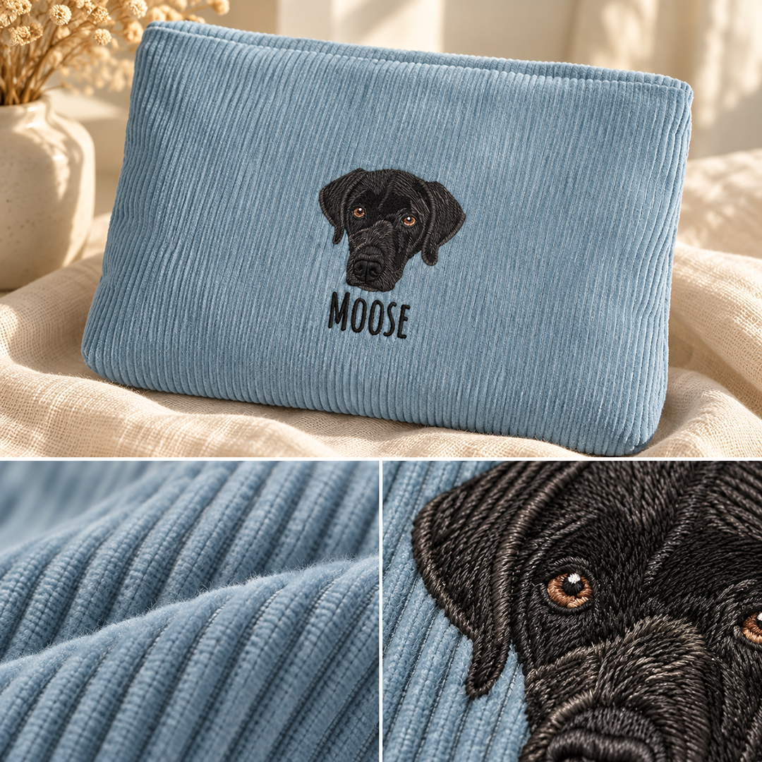 Personalized Pet Portrait Corduroy Makeup Bag with Embroidered Name