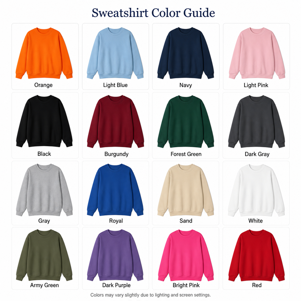 PupTailor crewneck 16 garment color guide