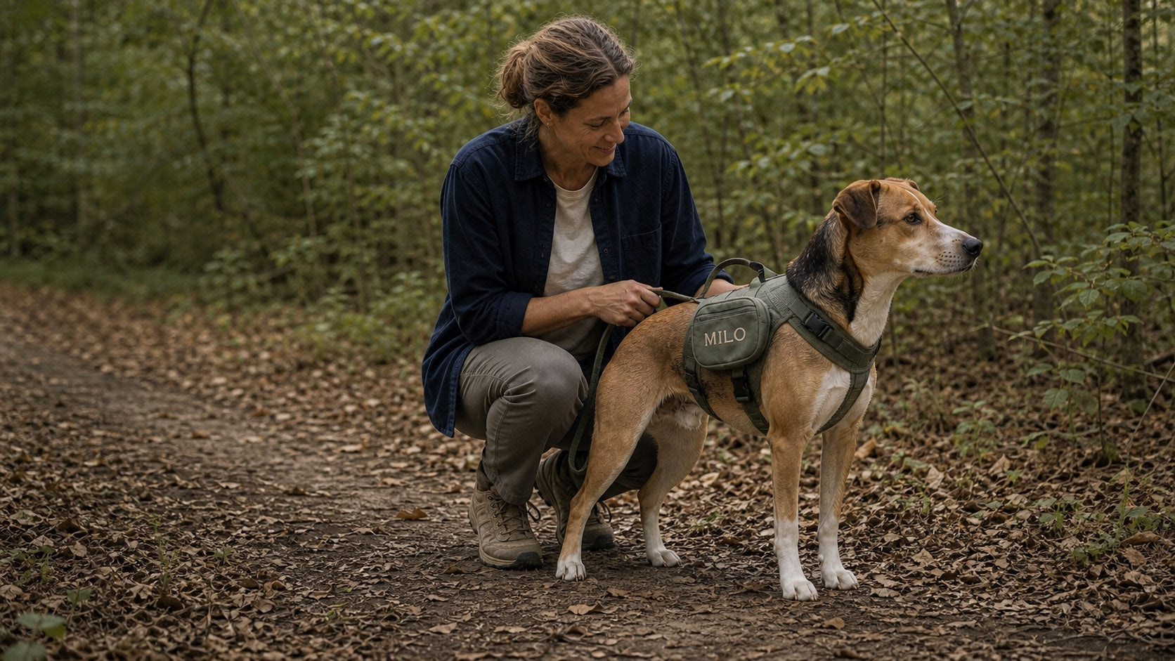 Milo wearing personalized travel gear beside his owner on a woodland trail