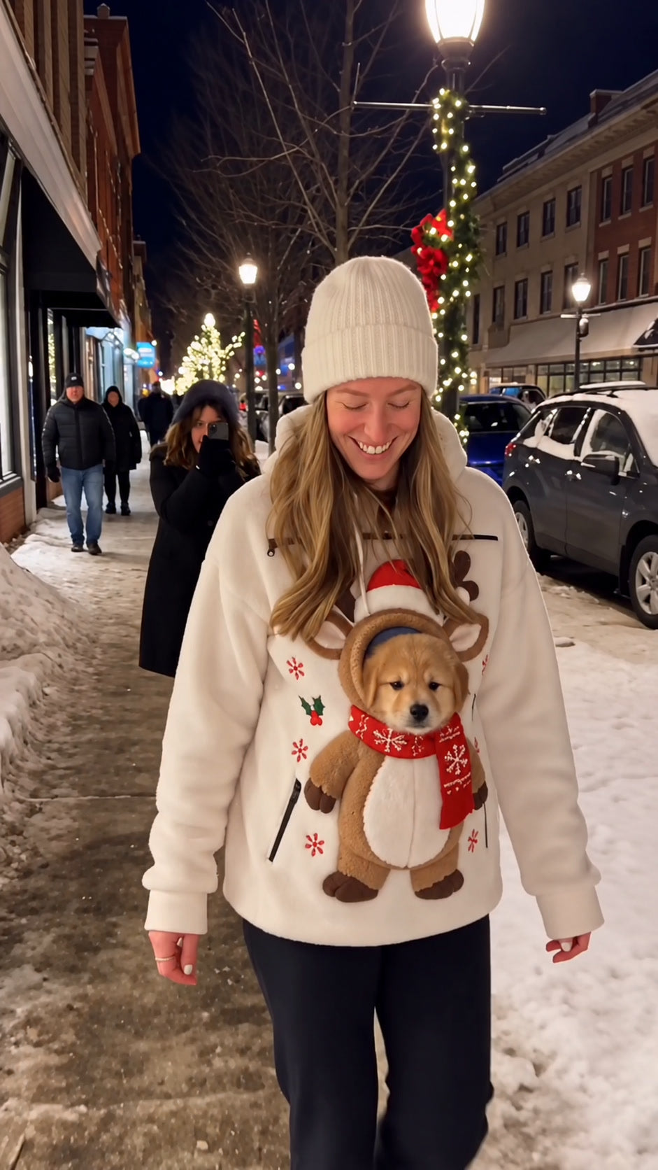 A pet parent walking a snowy Main Street at night with her puppy in a reindeer pet-carrier hoodie