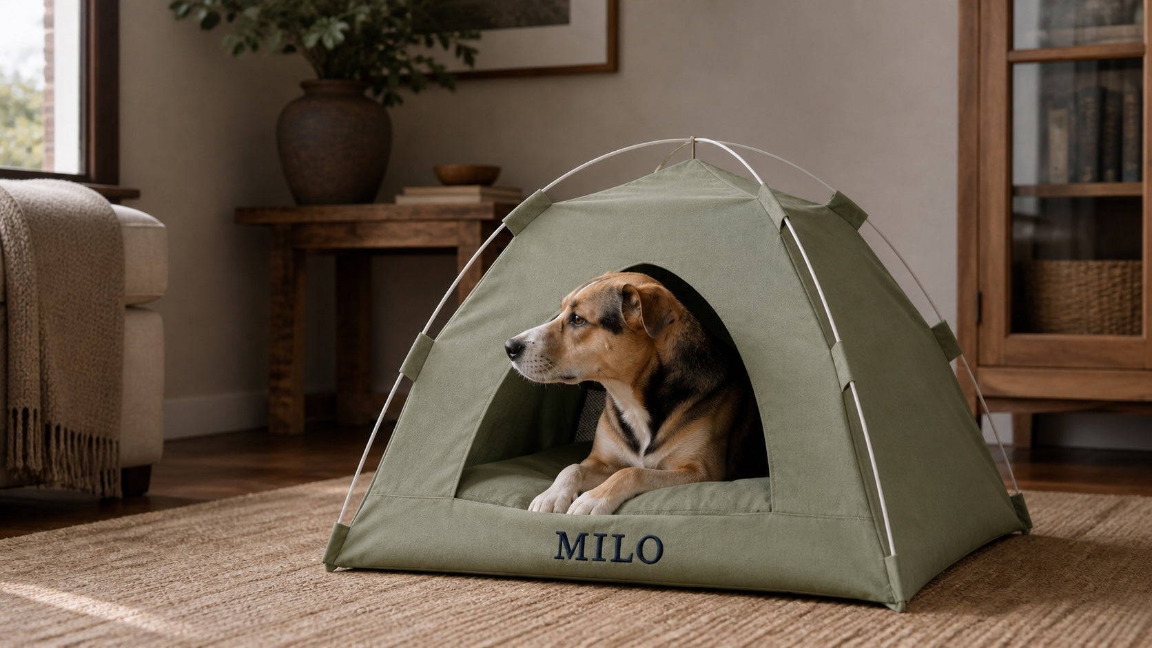 Milo resting inside a personalized sage pet tent embroidered with his name