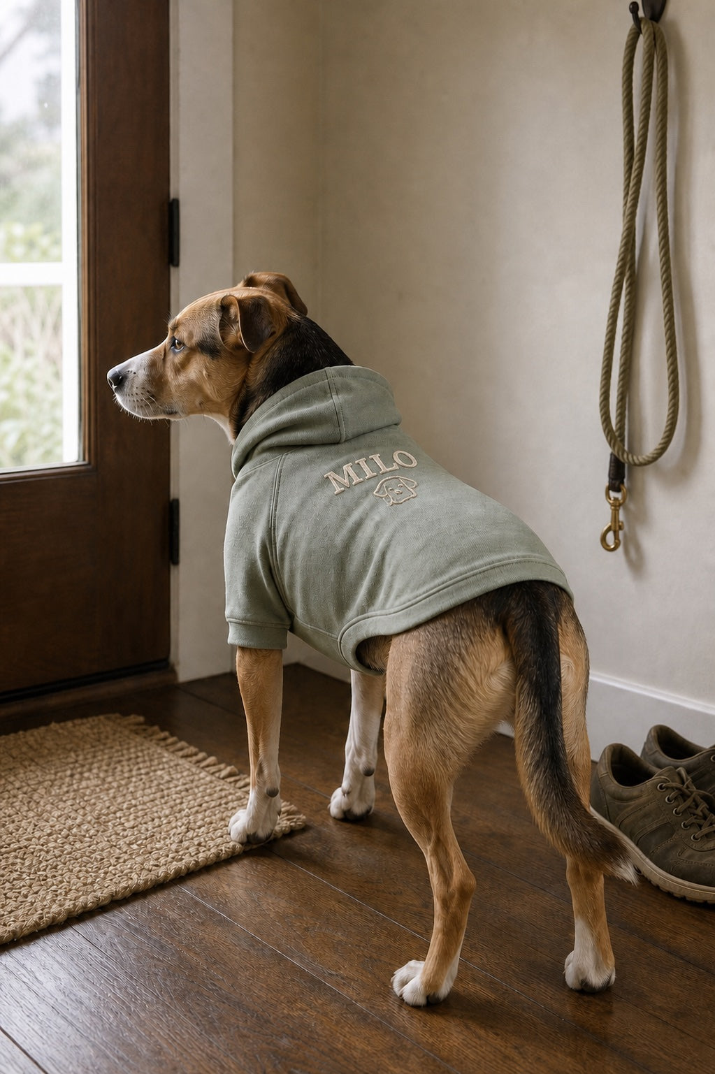A dog wearing a personalized embroidered sage hoodie at home
