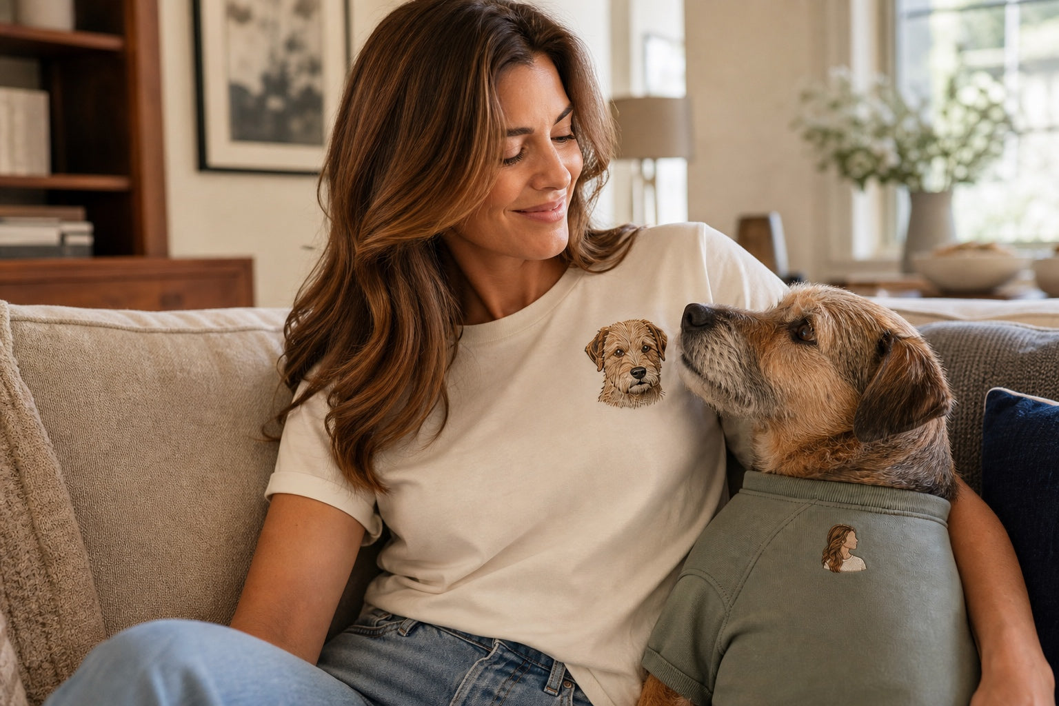 A woman and her dog wearing coordinated personalized portrait shirts